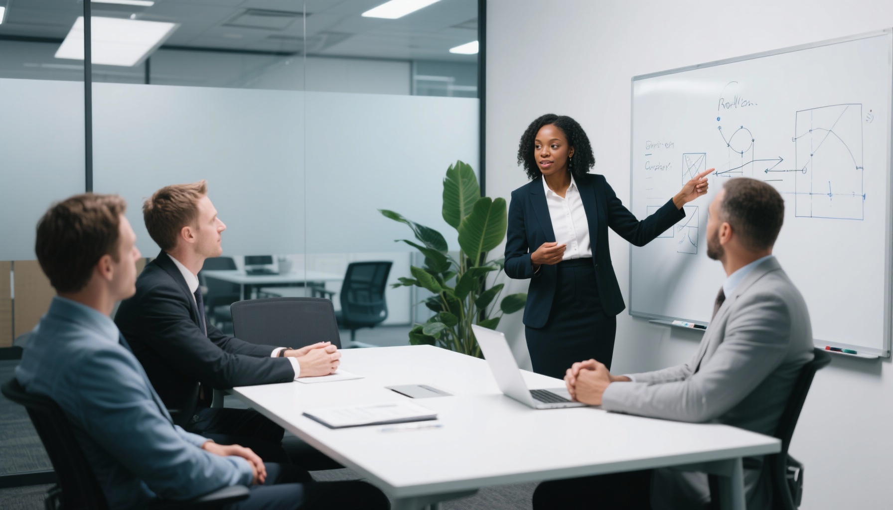 Professional woman confidently presenting ideas to interview panel