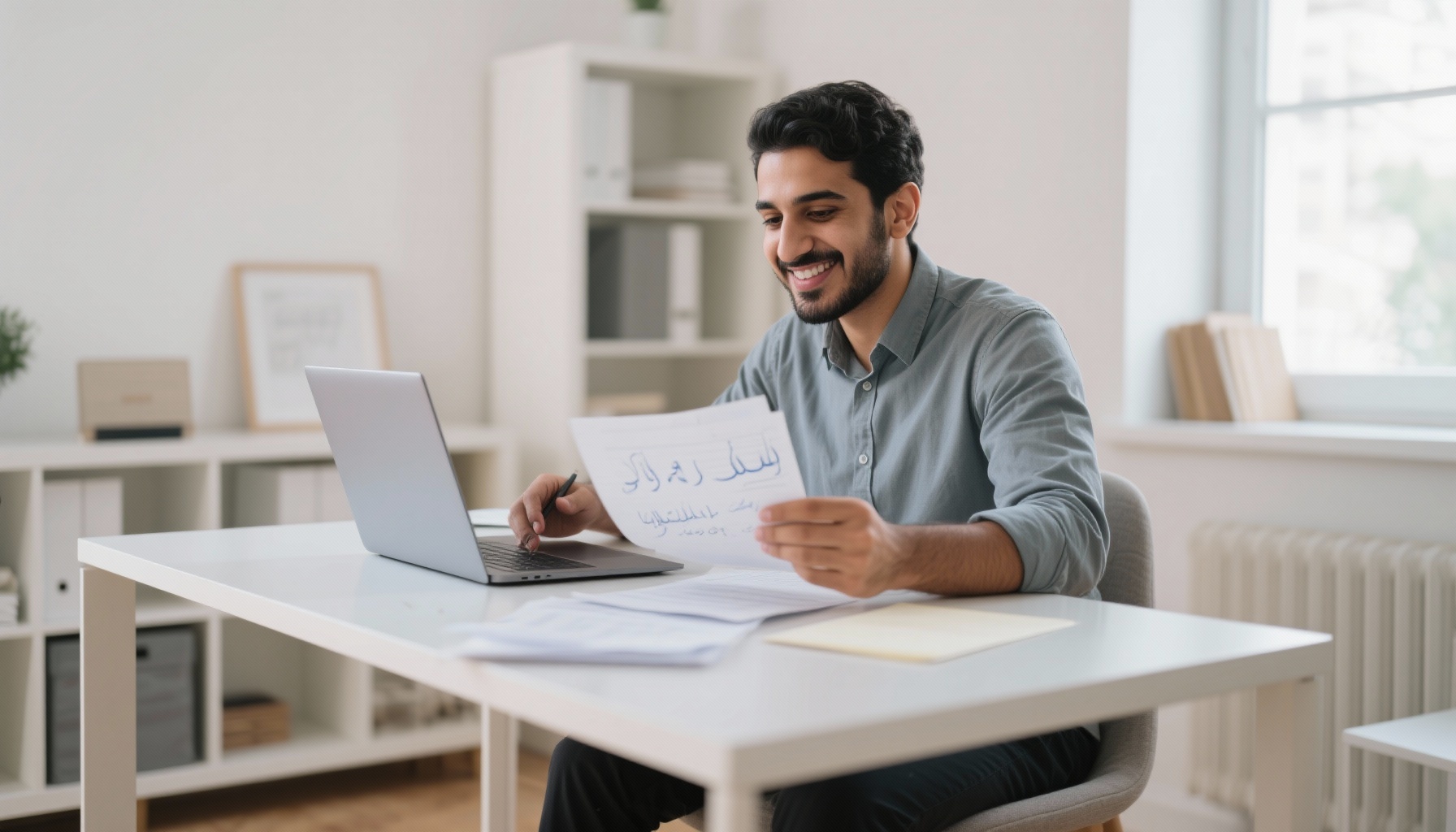 Professional preparing for job interview with notes and laptop