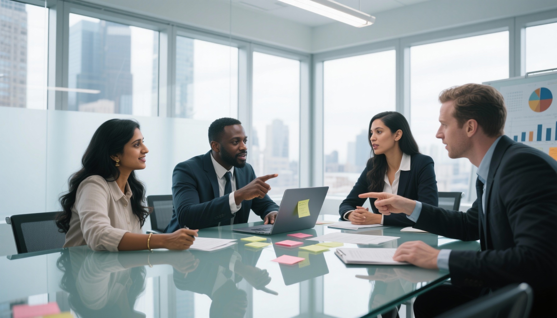 Diverse team having productive discussion in modern conference room