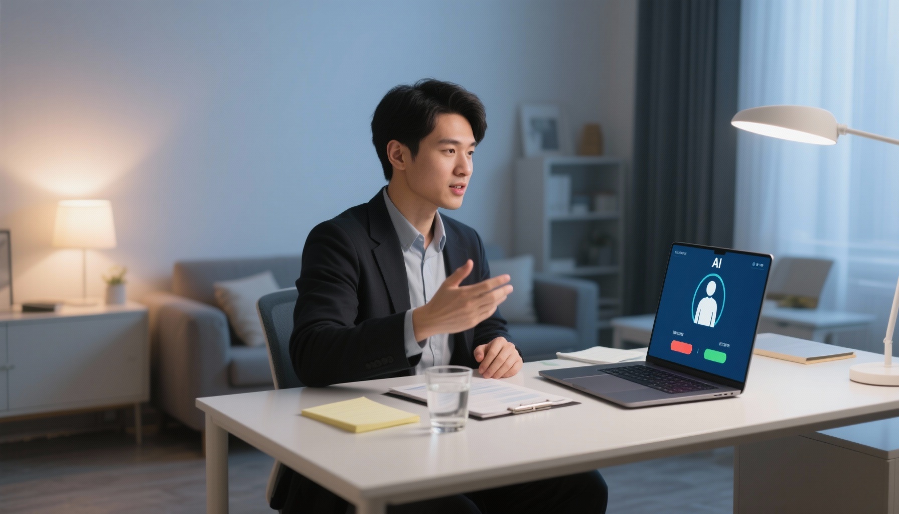 Person practicing interview answers with AI technology interface