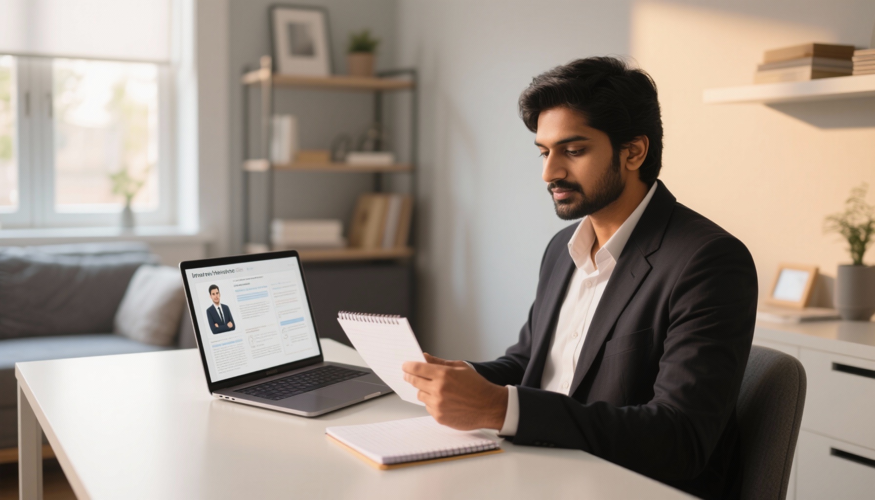 Professional job candidate preparing for interview with confidence