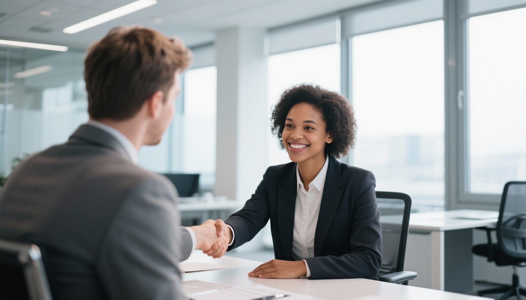 Confident job candidate succeeding in interview