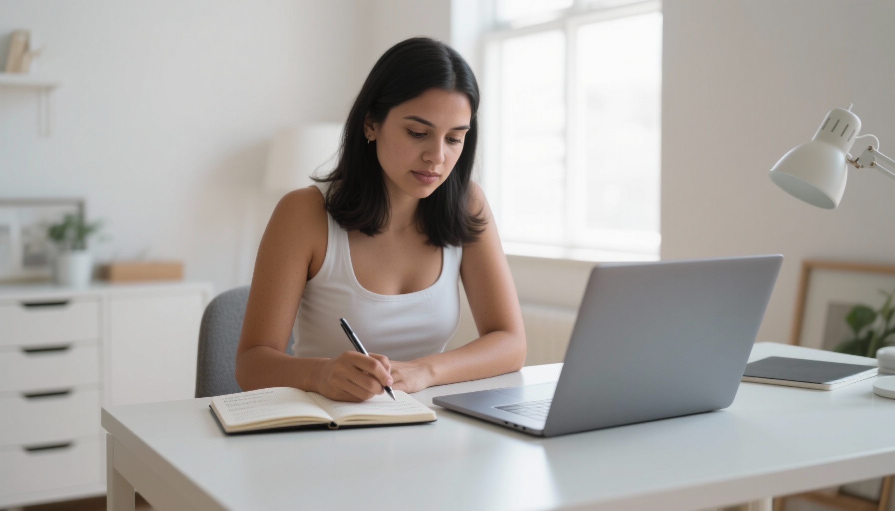 Professional woman preparing for interview with notes and laptop
