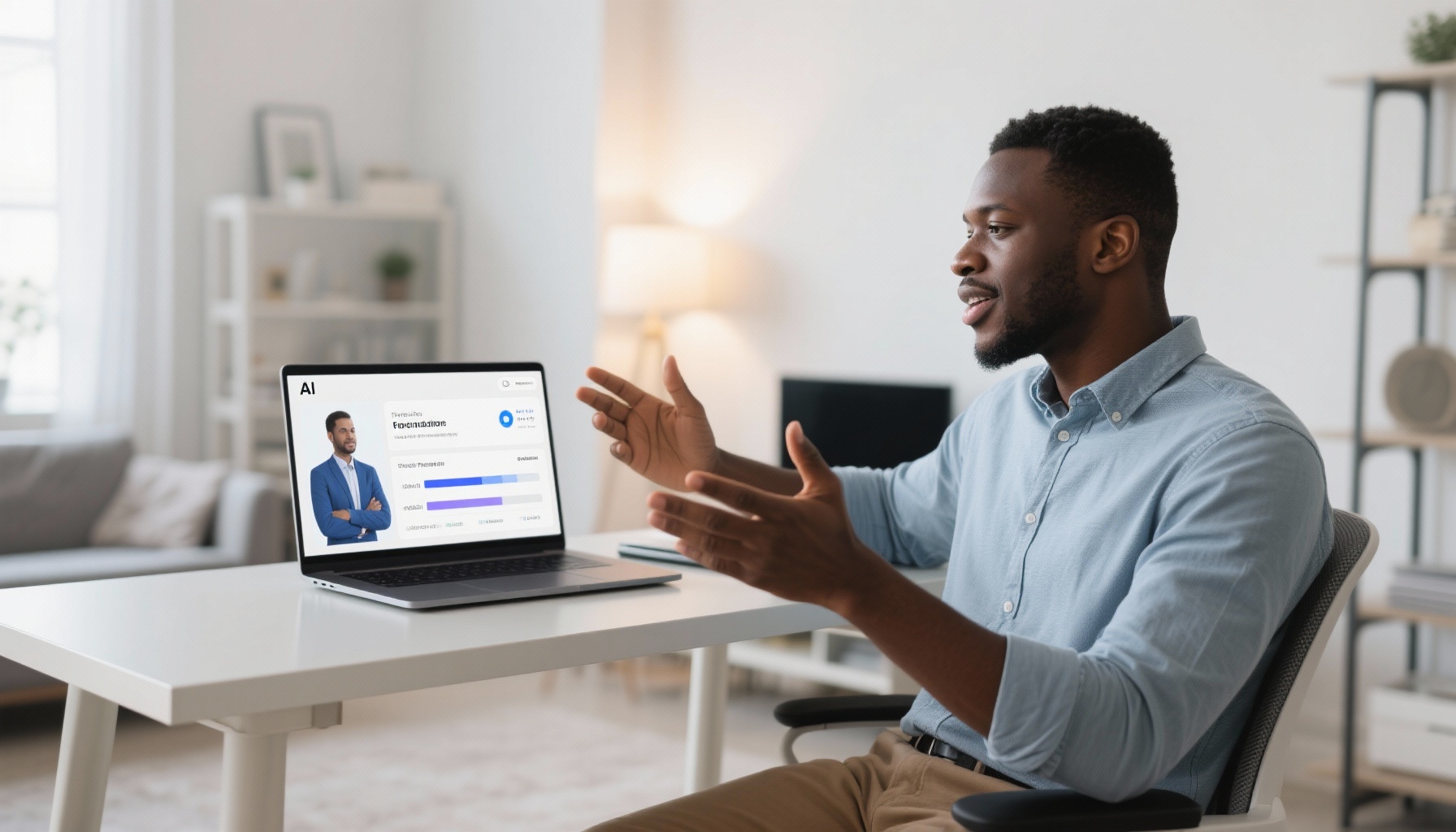 Professional man practicing interview responses with AI technology
