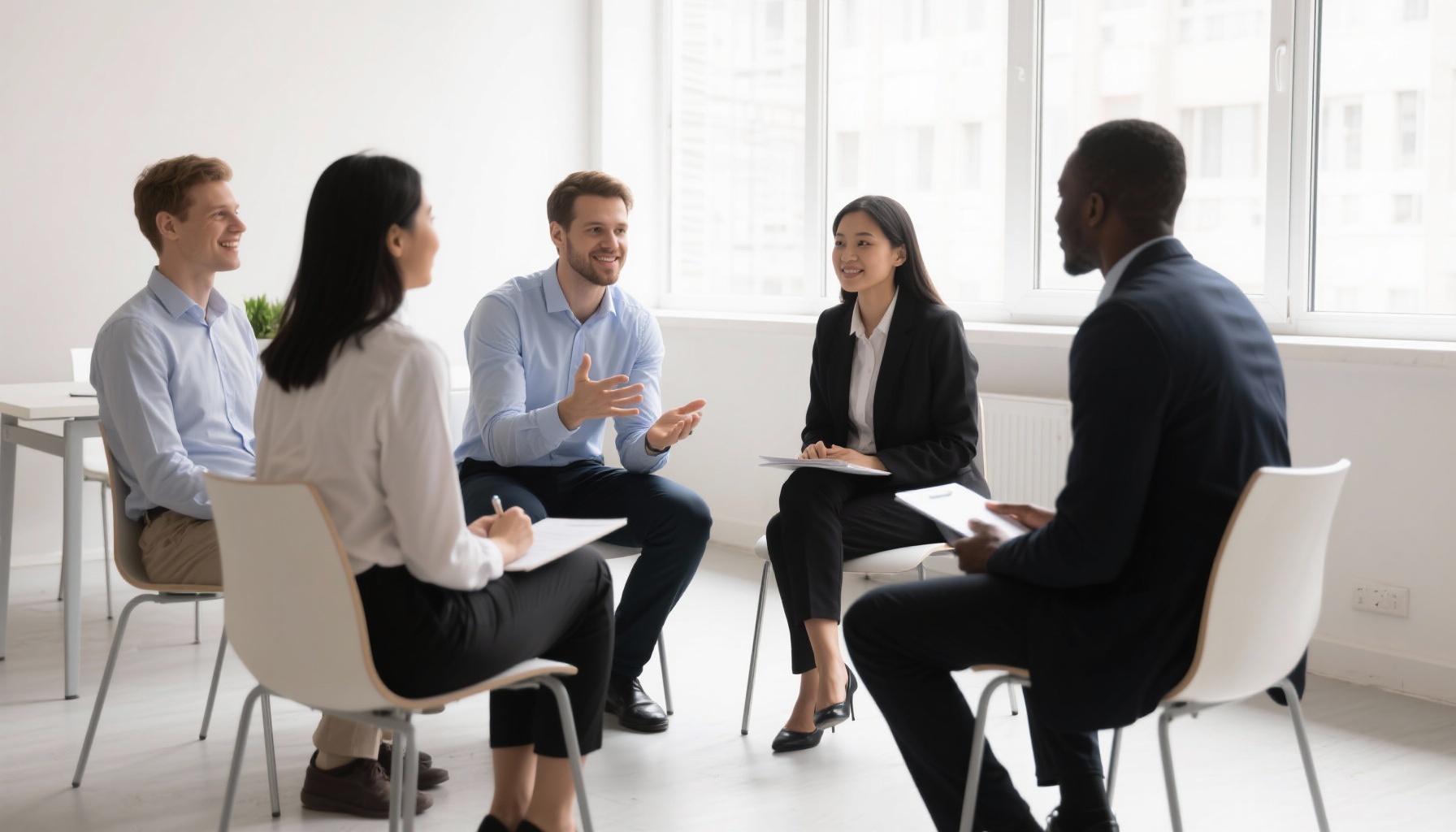 Confident professional practicing interview responses