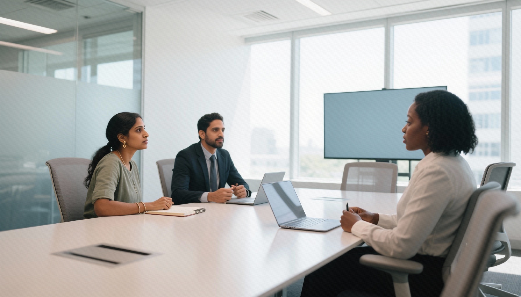 Professional job interview setting with diverse candidates