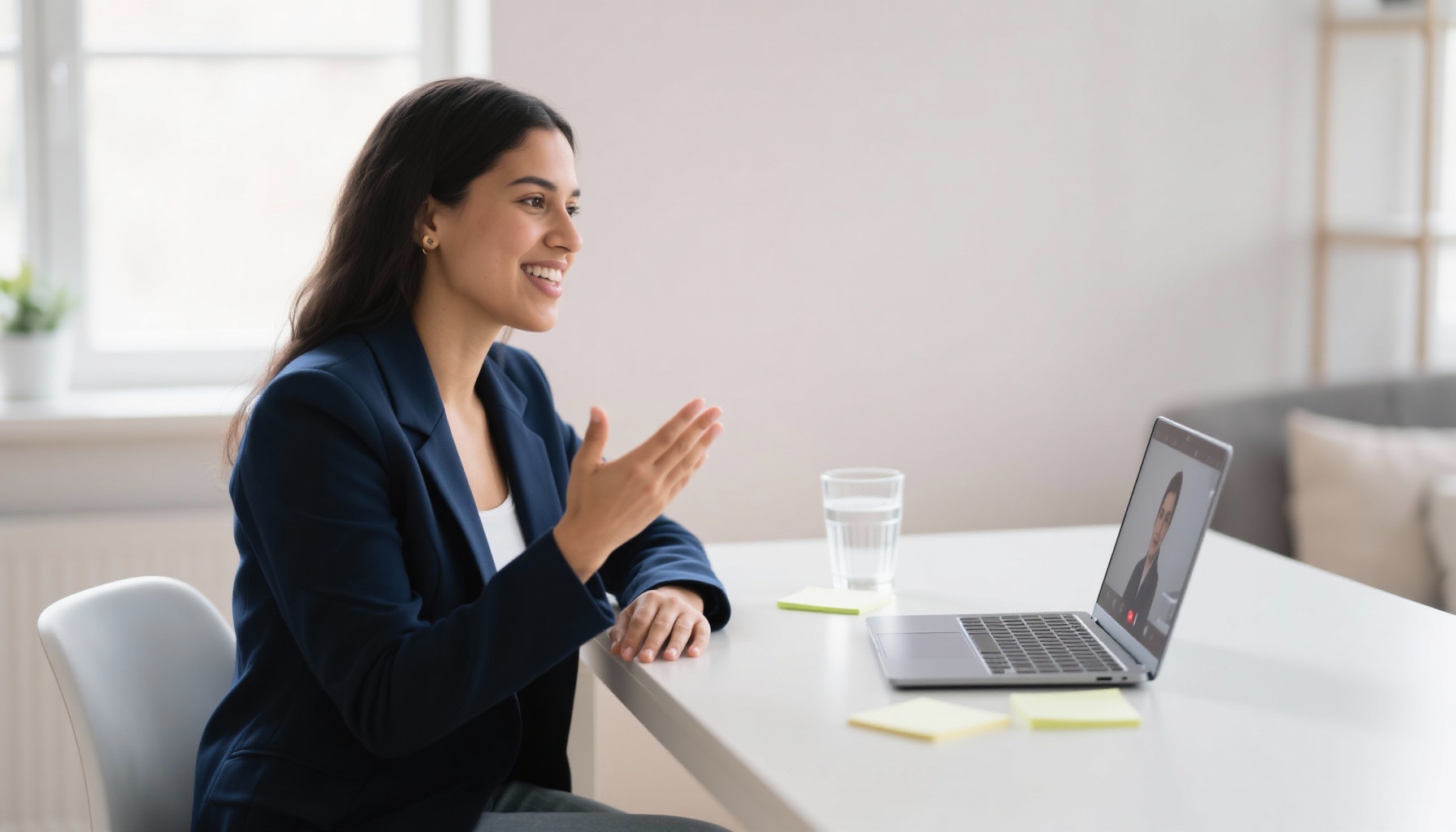 Professional woman practicing interview responses in front of a laptop