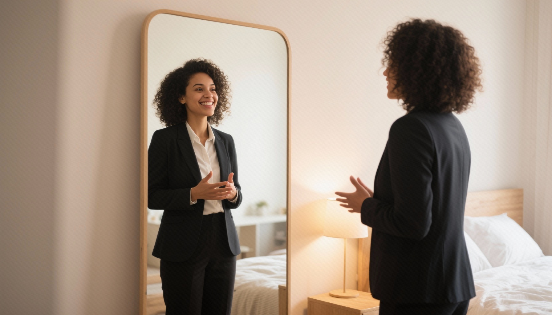 Person practicing interview responses in front of mirror with confident posture