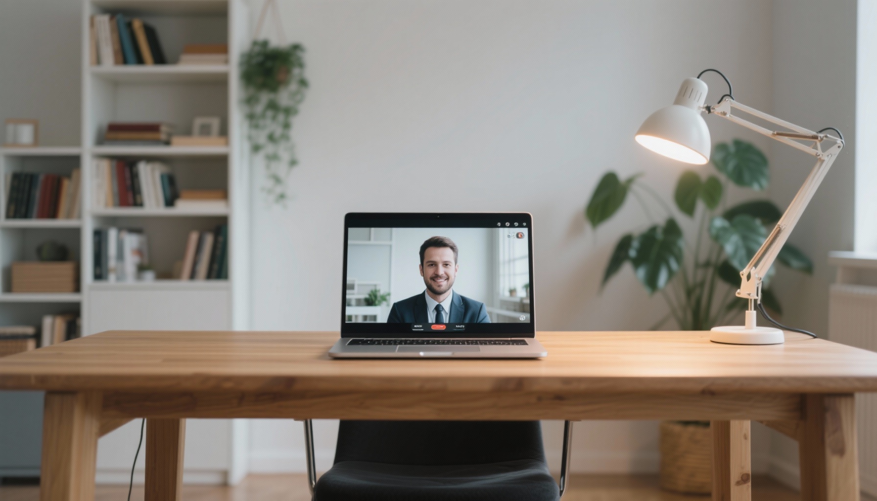 Professional virtual interview setup with laptop and professional lighting
