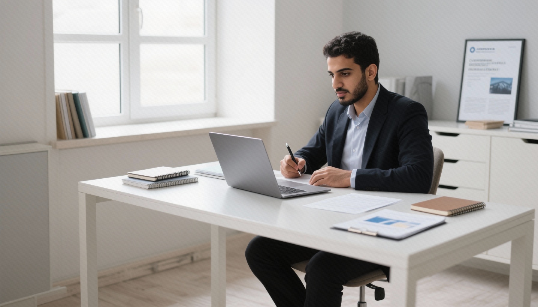 Professional preparing for job interview with research materials and laptop