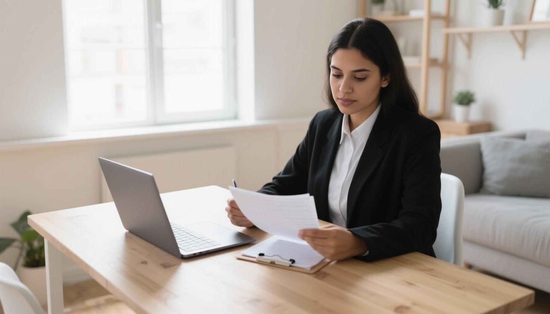 Professional woman preparing for interview with notes and laptop