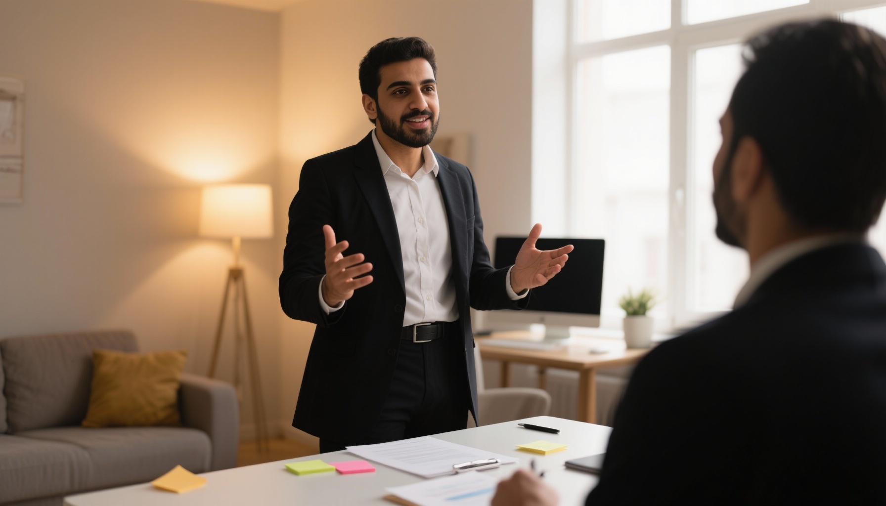 Person practicing interview responses with confident body language