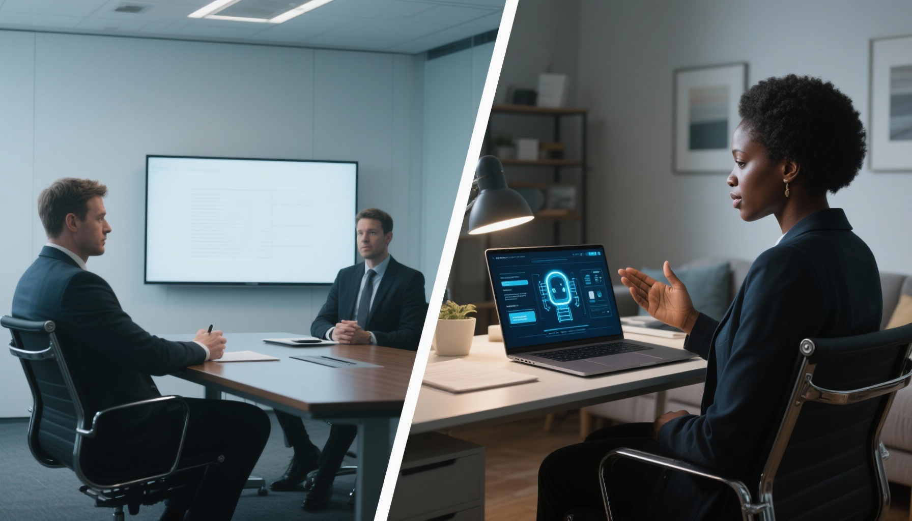 Split screen showing traditional vs AI interview scenarios