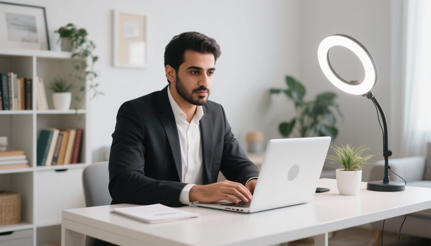 Professional candidate preparing for AI interview at home office