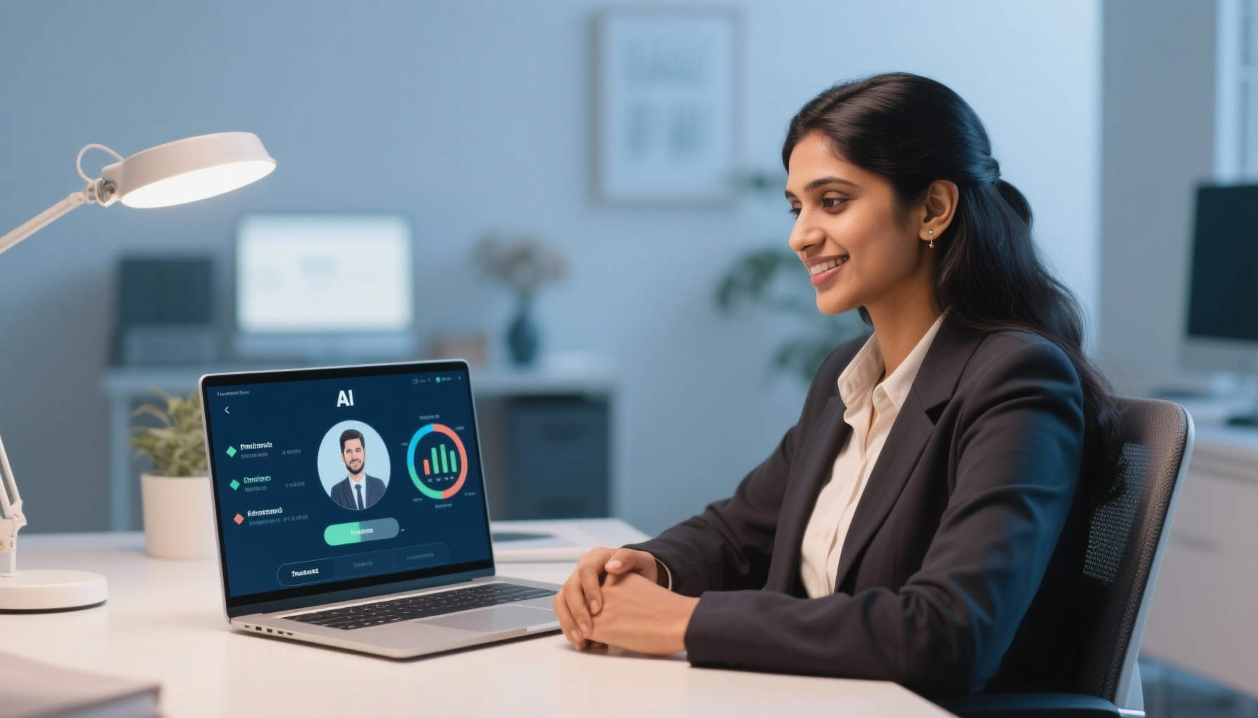 Professional using AI interview practice platform on laptop