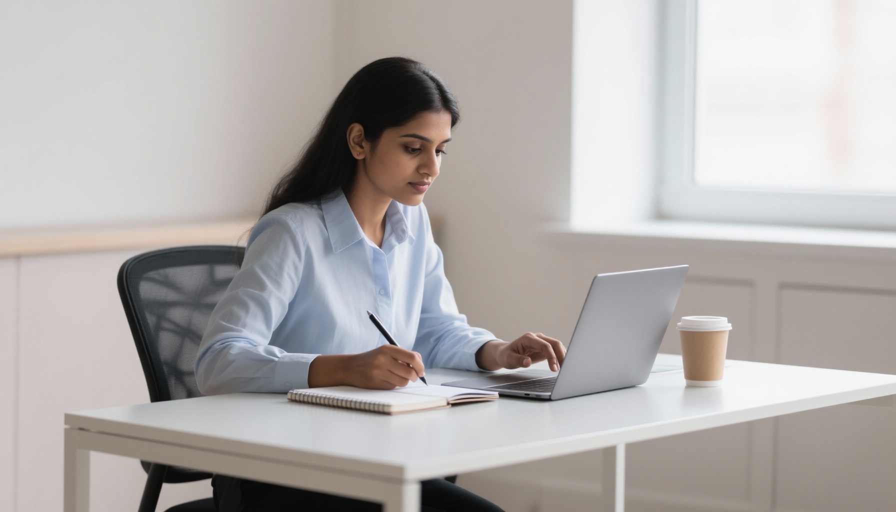 A confident professional preparing for an interview in a modern workspace