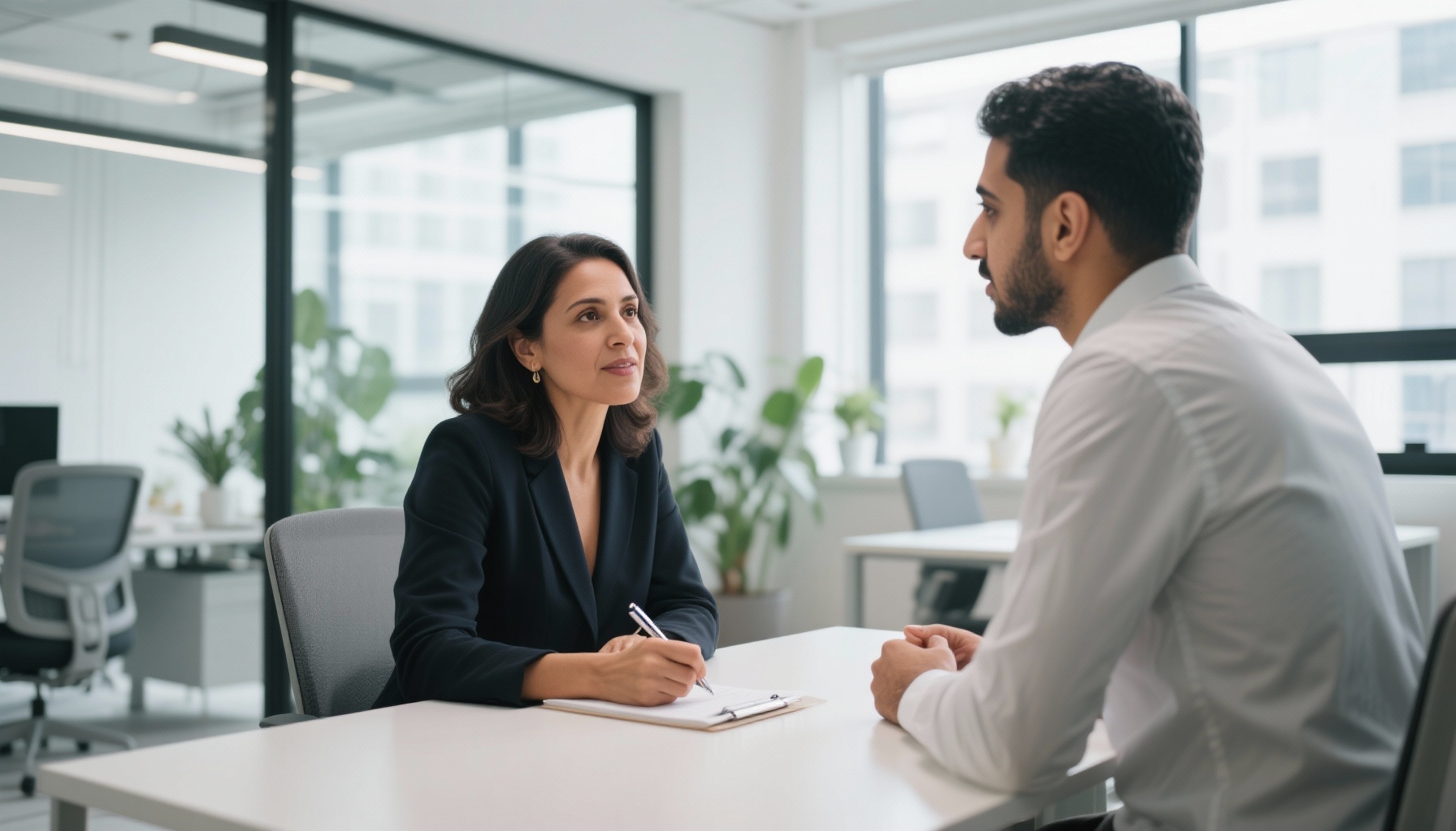 A diverse group of professionals in an interview setting