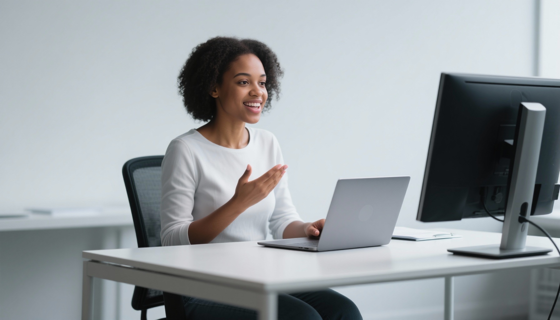 A professional practicing interview skills with confidence