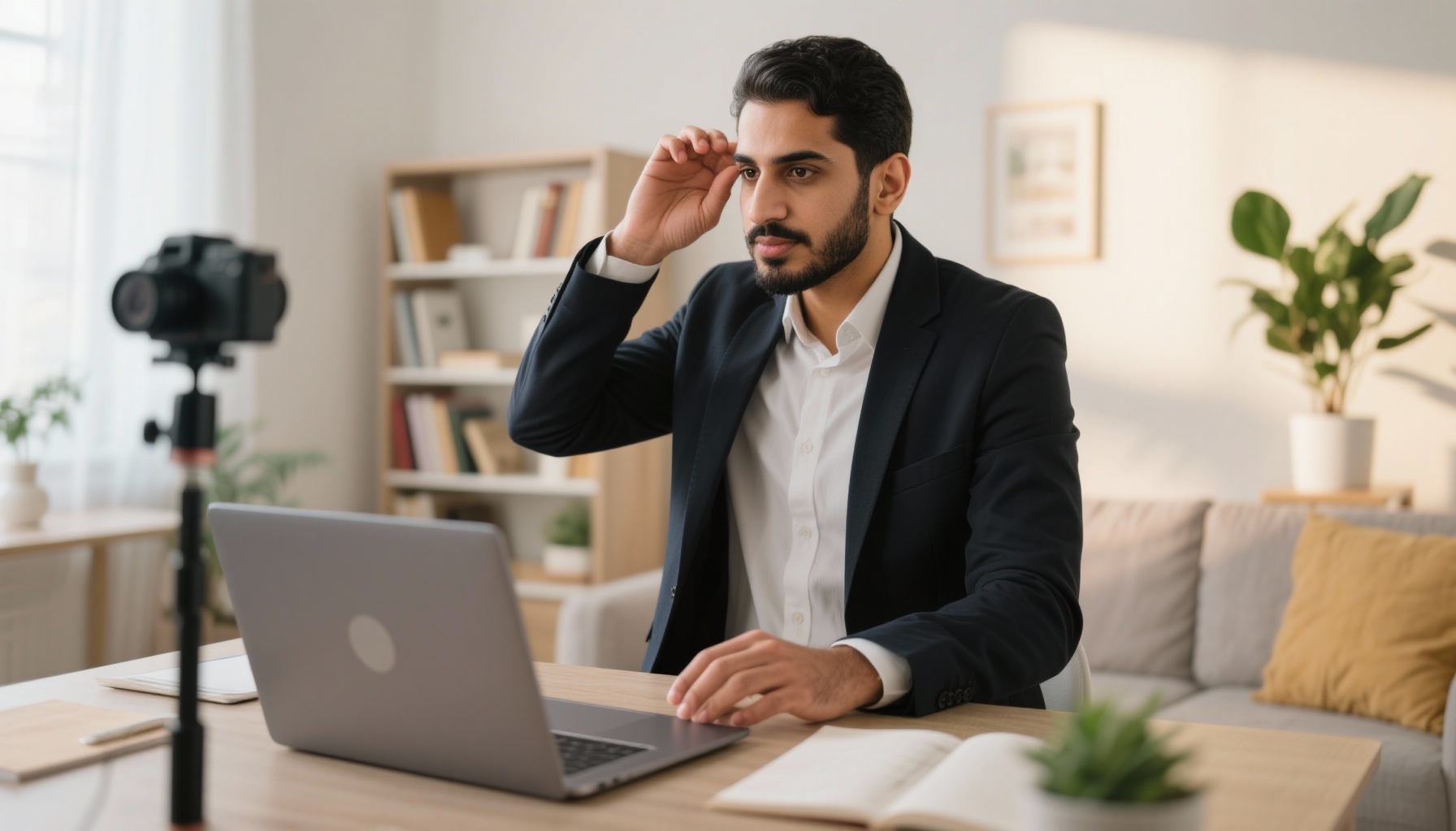 Professional setting up laptop for virtual interview in home office