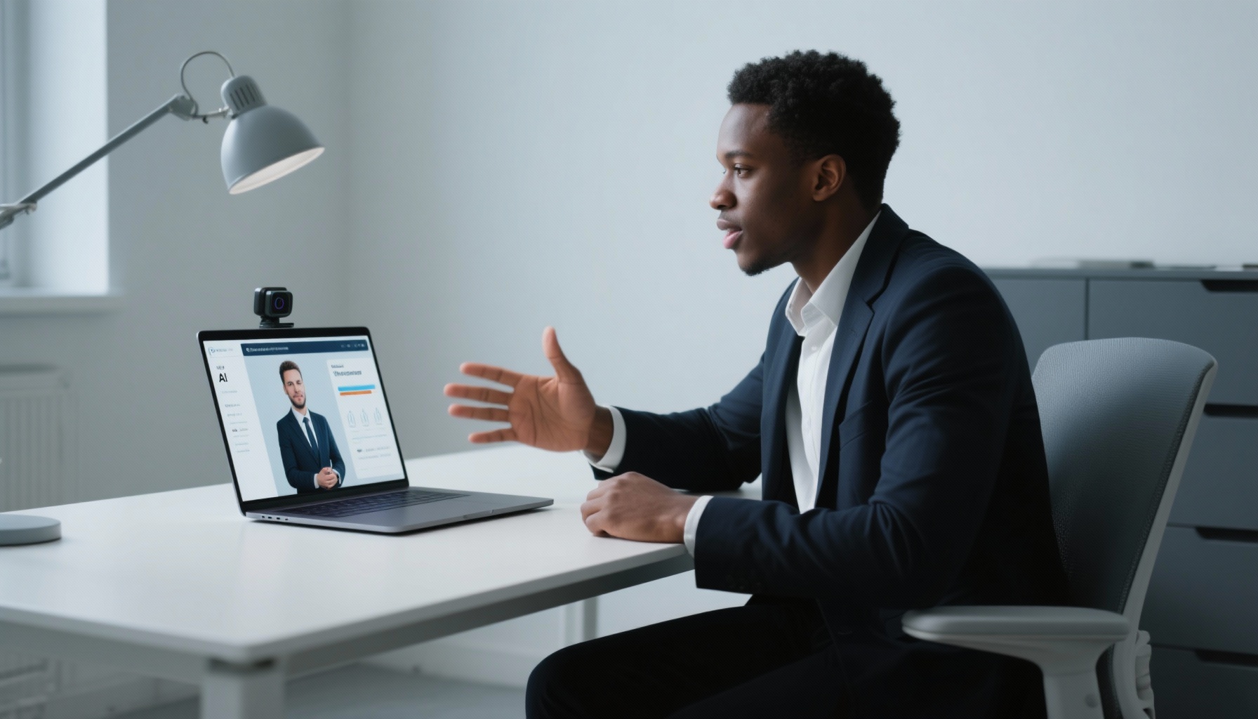 Professional practicing interview answers with AI feedback on laptop screen