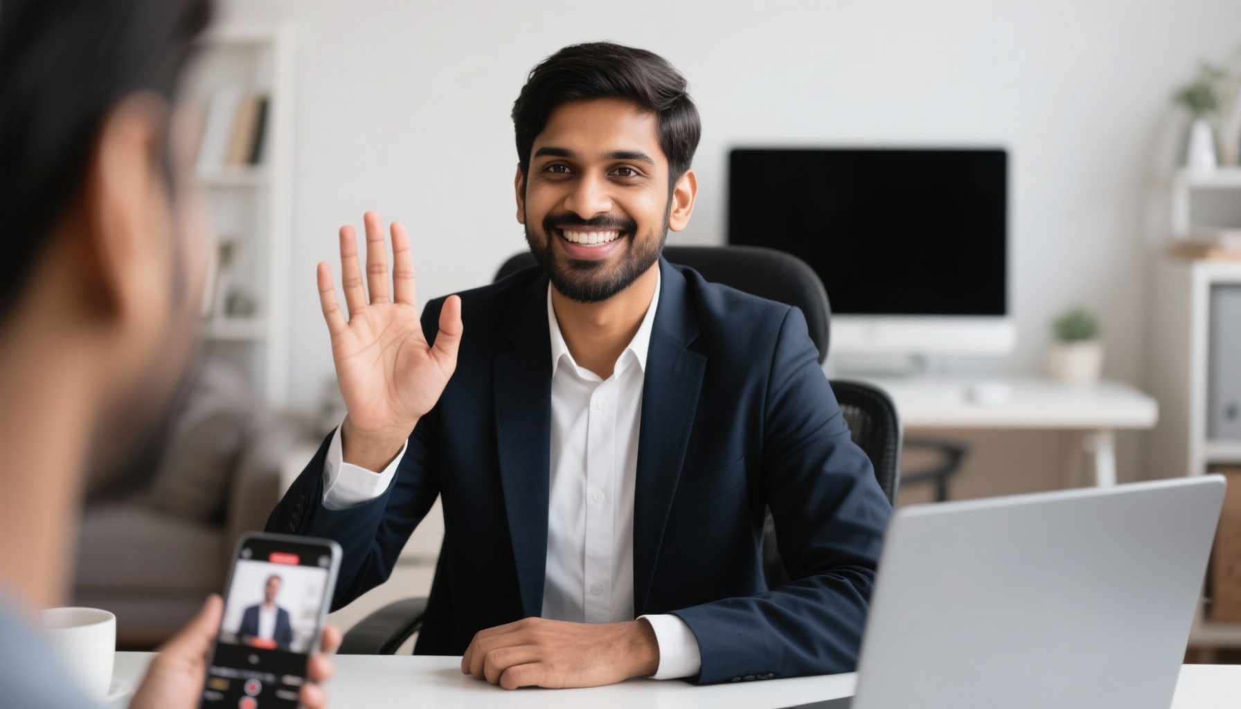 Successful virtual interview conclusion with confident professional