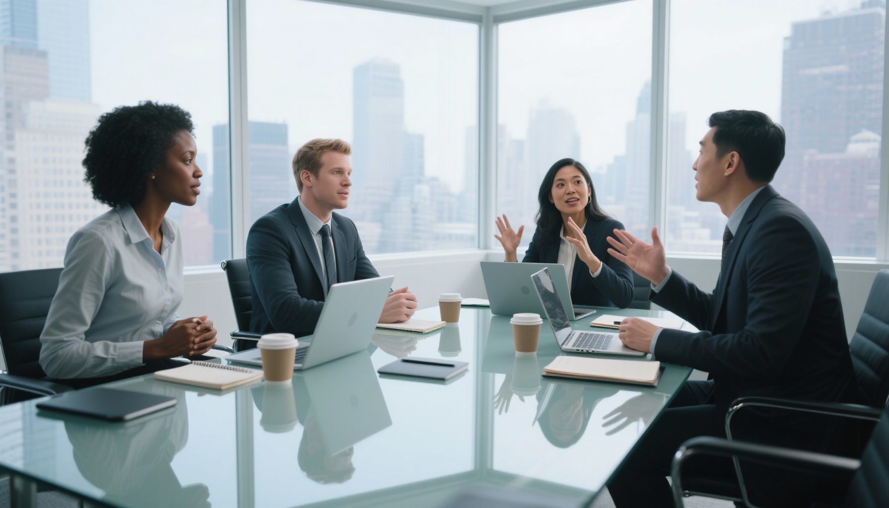 Diverse team having productive meeting in modern conference room