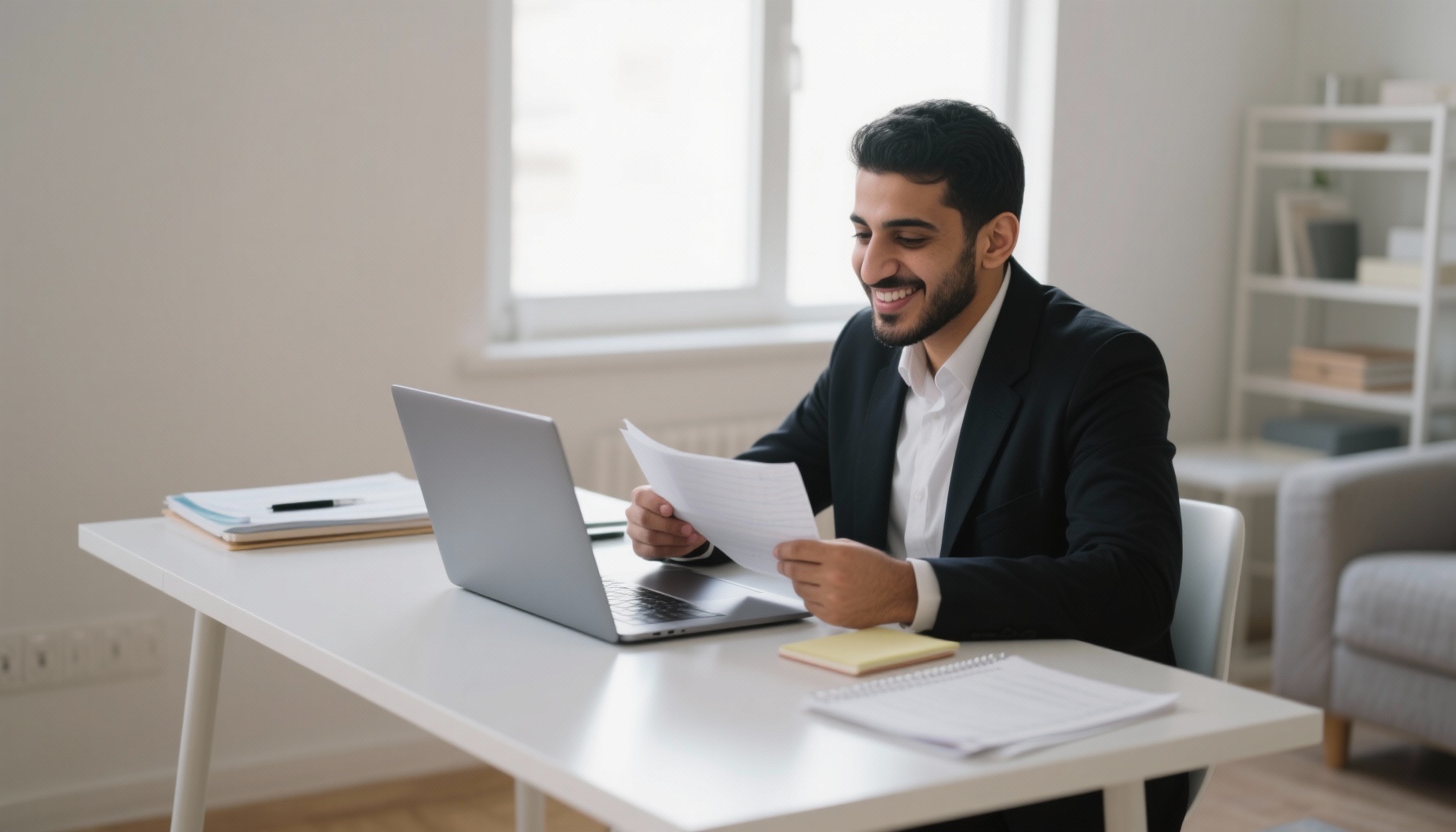 Confident professional preparing for job interview with notes and laptop