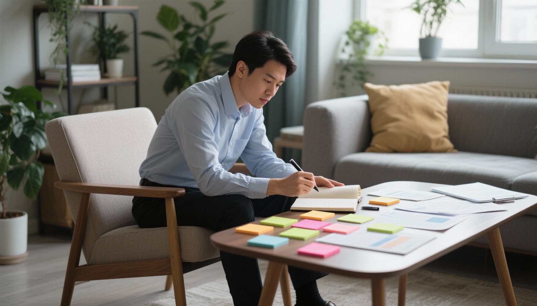 Professional taking notes during interview preparation