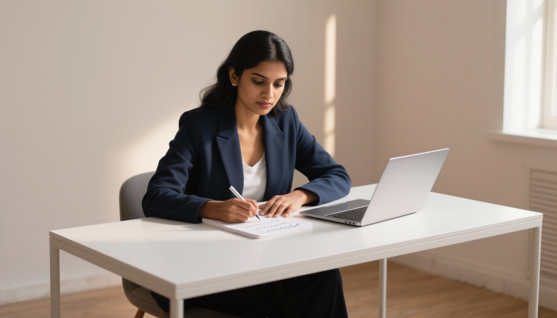 Professional woman reviewing interview notes at a clean desk with laptop and coffee