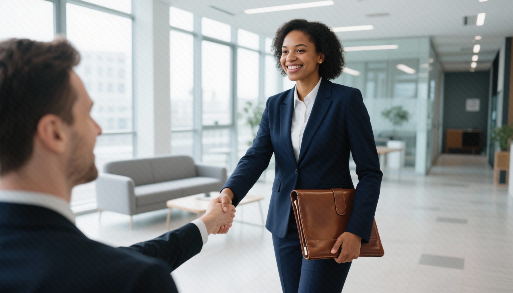 Professional woman shaking hands with interviewer in modern office lobby
