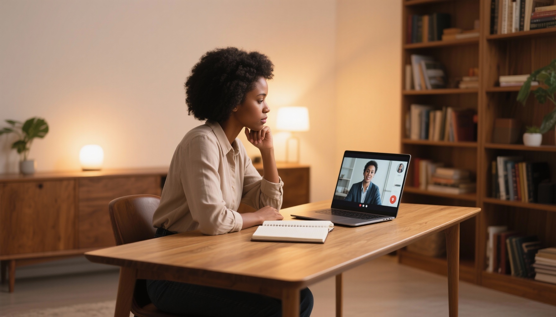 Young professional reviewing interview performance on laptop screen