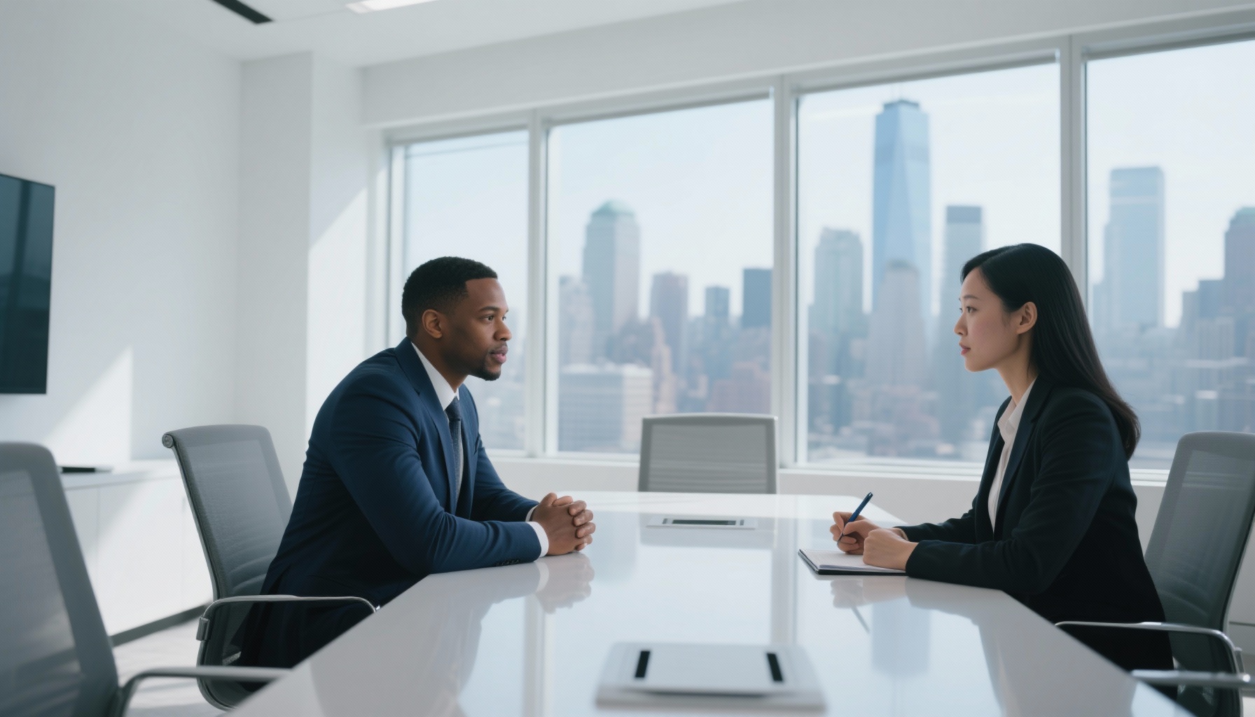 Diverse group of professionals in a modern conference room during a practice interview session