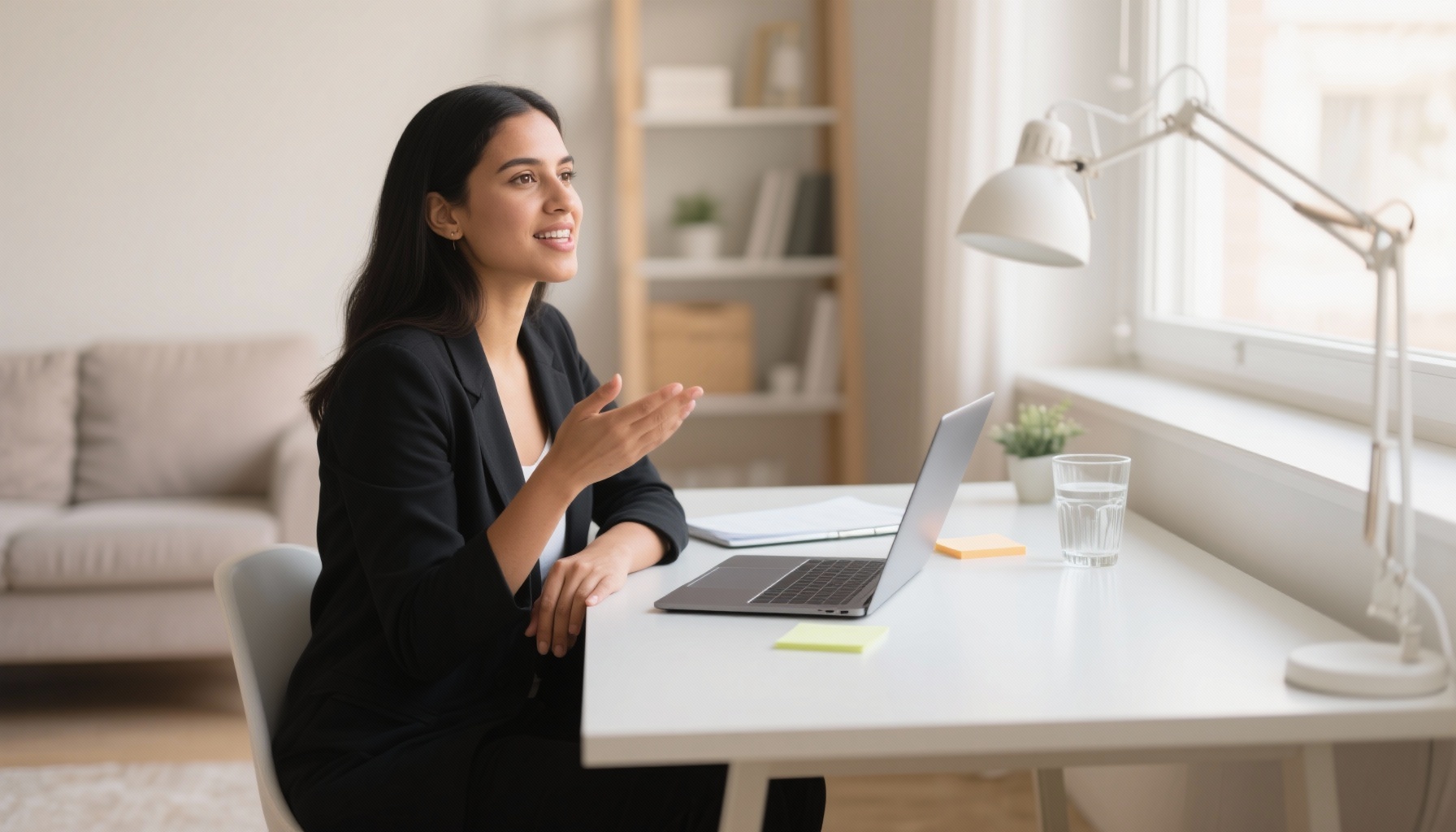 Professional woman practicing interview techniques in a quiet home office